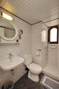 a bathroom with a toilet and a sink and a mirror at Pallas Pension in Elafonisos