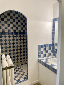a bathroom with a sink and a blue and white tiles at La Villageoise in Aups +20 photos