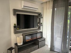 フレジュスにあるAppartement Bord de Mer Saint Aygulfの暖炉とテレビのあるリビングルーム