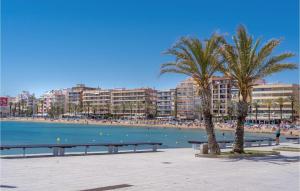 トレビエハにあるStunning Apartment In Torreviejaのヤシの木や建物が背景にあるビーチ +12枚の写真