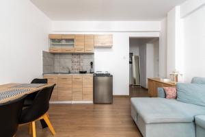 ネオス・マルマラスにあるCentral Apartment with Sea View in Neos Marmarasのソファとキッチンのあるリビングルーム