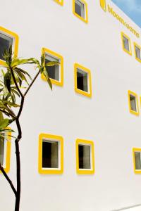 un edificio blanco con ventanas amarillas y un árbol en Bloomrooms @ Link Road, en Nueva Delhi