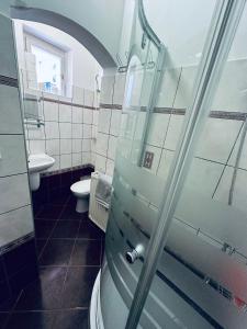 a bathroom with two toilets and a glass shower at Central Apartment in Pécs