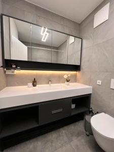 a bathroom with a sink and a toilet and a mirror at Neubau Luxus 2 Zimmer Apartment in Mönchengladbach +14 photos