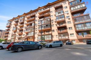 a large building with cars parked in front of it at Petite Blue Apartment in Roşu