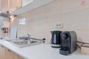 a kitchen with a sink and a coffee maker on a counter at Petite Blue Apartment in Roşu