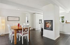 a dining room with a table and a fireplace at Three-Bedroom Holiday Home In Sydals in Kongshoved