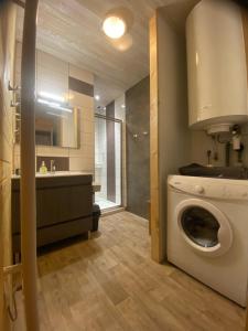 una lavanderia con lavatrice e lavandino di Le Grab a Saint-Jacques-des-Blats