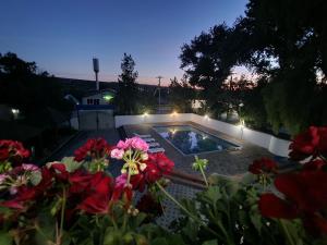 a garden with flowers and a swimming pool at night at La Banel Hotel in Selemet