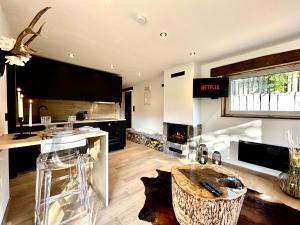 a living room with a kitchen with a fireplace at Chaly in Stoumont