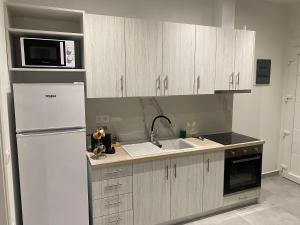 a kitchen with a white refrigerator and a microwave at Adams Apartments in Skala Rachoniou