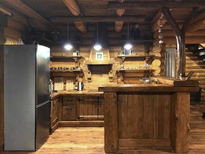 a kitchen with a stainless steel refrigerator and wooden walls at сottage "Ksenija" котедж "Ксенія" in Skole