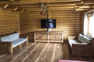 a living room with a flat screen tv and two couches at сottage "Ksenija" котедж "Ксенія" in Skole