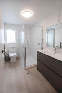 une salle de bains avec douche, toilettes et lavabo dans l'établissement Okere Lakehouse Retreat, à Okere Falls