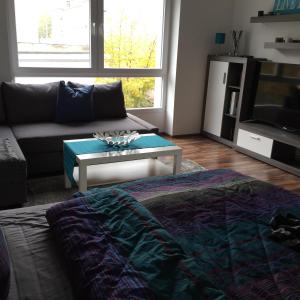 ein Wohnzimmer mit einem Sofa und einem Tisch in der Unterkunft City FEWO Leipzig in Leipzig
