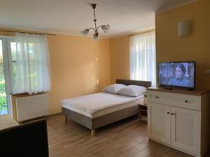 ein Schlafzimmer mit einem Bett und einem Flachbildfernseher in der Unterkunft Holiday Home Sieroslaw near Baltic Sea in Sierosław