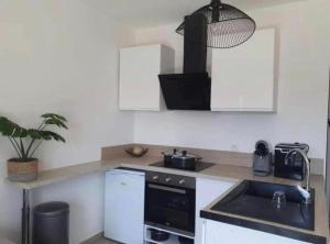 a kitchen with a sink and a stove at Magnifique T2 LUXE Jacuzzi & Piscine PRIVÉ PROCHE PLAGES ST AYGULF A PIEDS in Fréjus