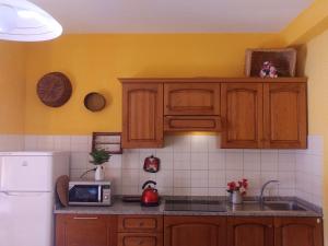 a kitchen with wooden cabinets and a white refrigerator at Villa Cortinella in Marlia