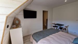 a bedroom with a bed and a tv on the wall at La Gentiane in Le Falgoux