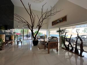 a living room with a large tree in the middle at Mision Express Merida Altabrisa in Mérida