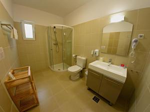 a bathroom with a shower and a toilet and a sink at Elektra - Sulina in Sulina