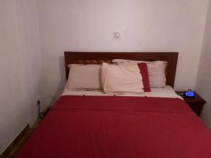 a bed with a red blanket and white pillows at BUFFALO Room in Mimboman