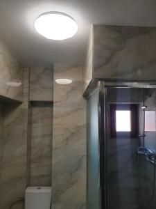 a bathroom with a shower and a toilet at Penthouse Giovanni in Orşova +71 photos