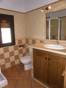 bagno con lavabo, servizi igienici e specchio di Casas Elena-Conil a Conil de la Frontera