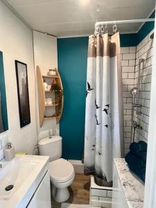 ein Badezimmer mit einem WC und einem Duschvorhang mit Vögeln darauf in der Unterkunft Le Tropico - Clim - Terrasse - Proche Polygone in Béziers