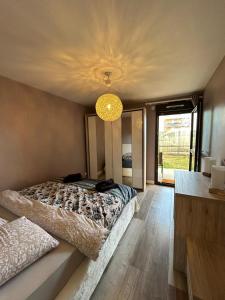 a bedroom with a bed and a chandelier at T2 calme proche de la douane in Ville-la-Grand