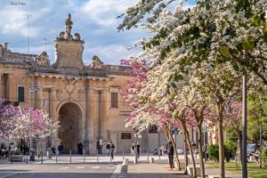 a building with flowering trees in front of it at leuca bis house in Lecce