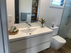 a bathroom with a sink and a toilet and a mirror at Konini Retreat in Rarotonga +20 photos