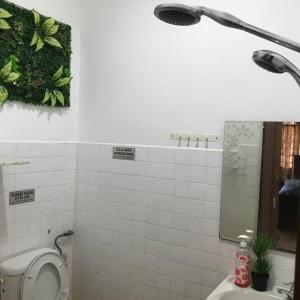 a bathroom with a toilet and a sink and a mirror at The Garden Homestay Kemaman in Kemaman +16 photos