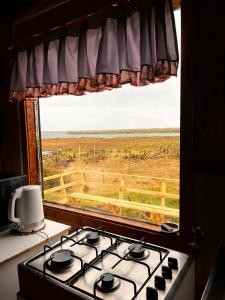 une cuisinière avec vue sur un champ depuis une fenêtre dans l'établissement Cabañas Linda Vista, à Cucao 20 autres photos