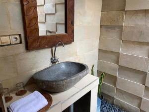 un bagno con un lavandino in pietra e uno specchio di Mayong Bali Villa and Hostel a Munduk
