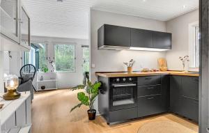 a kitchen with black cabinets and a black oven at Two-Bedroom Holiday Home In Ebeltoft in Ebeltoft +22 photos