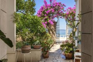 a walkway with flowers and plants in pots at Beach APARTMENT in Podgora