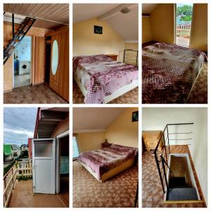 a collage of four pictures of a bedroom at Strazdų namelis in Palanga