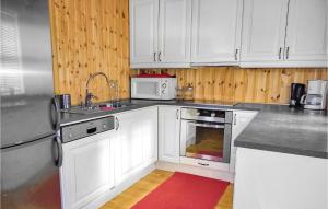 a kitchen with white cabinets and a red rug at Five-Bedroom Holiday Home In Vikesa in Hovland