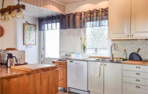 a kitchen with white cabinets and a window at Beautiful Home In Rockneby With Kitchen in Slakmöre Strand