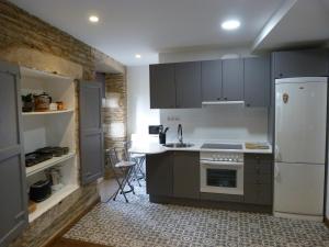 a kitchen with gray cabinets and a white refrigerator at Apartamento foroplaza campo I in Lugo