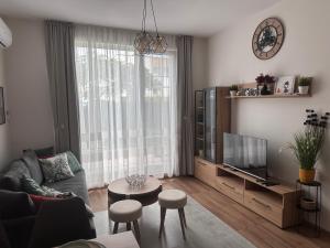 a living room with a couch and a tv at Doris Beach apartment D06 in Burgas City