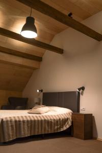 a bedroom with a bed and a light on the ceiling at Svedresort in Švedriškė