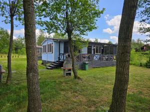 a blue tiny house in a park with trees at Domek letniskowy - niebieski całoroczny in Stegers
