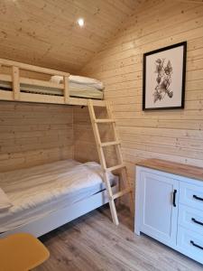 a bunk bed in a wooden room with a ladder at Domki Wakacyjne "Morskie Wrota"Karwieńskie Błota in Karwieńskie Błoto Drugie