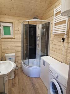 a bathroom with a shower and a toilet and a sink at Domki Wakacyjne "Morskie Wrota"Karwieńskie Błota in Karwieńskie Błoto Drugie