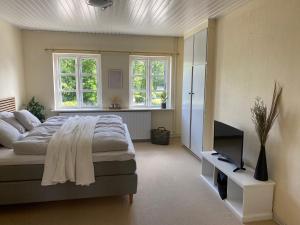 a bedroom with a large bed and a television at Strandidyl Bed and Breakfast in Haderslev