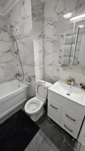 a white bathroom with a toilet and a sink at Luxury 2 bed apartment by Albert in Roşu