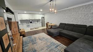 a living room with a couch and a kitchen at Luxury 2 bed apartment by Albert in Roşu