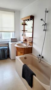 ボーヴェにあるAppartement meublé Hypercentre Beauvais - 1h de Parisのバスタブと洗面台のあるバスルーム +13枚の写真